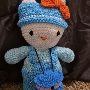 Handmade Crochet Hello Kitty  Plush with Blue Outfit and Orange Bow